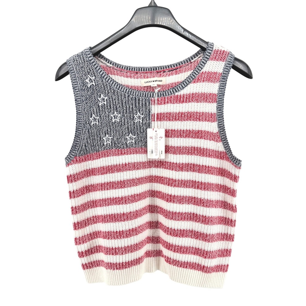 NEW Lucky Brand Sweater Vest Women Large Sweater Red American Flag Stars Stripes